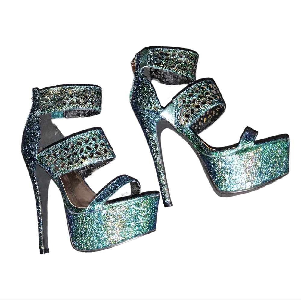 Rouge Iridescent Teal Platform Heels Sz 8